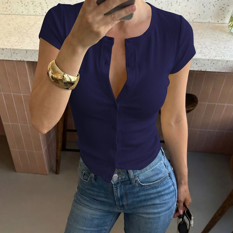Hugcitar Fashion Solid O Neck Short Sleeve Buttons Sexy Slim Crop T-Shirt Top Summer Casual Women Clothes Streetwear Party