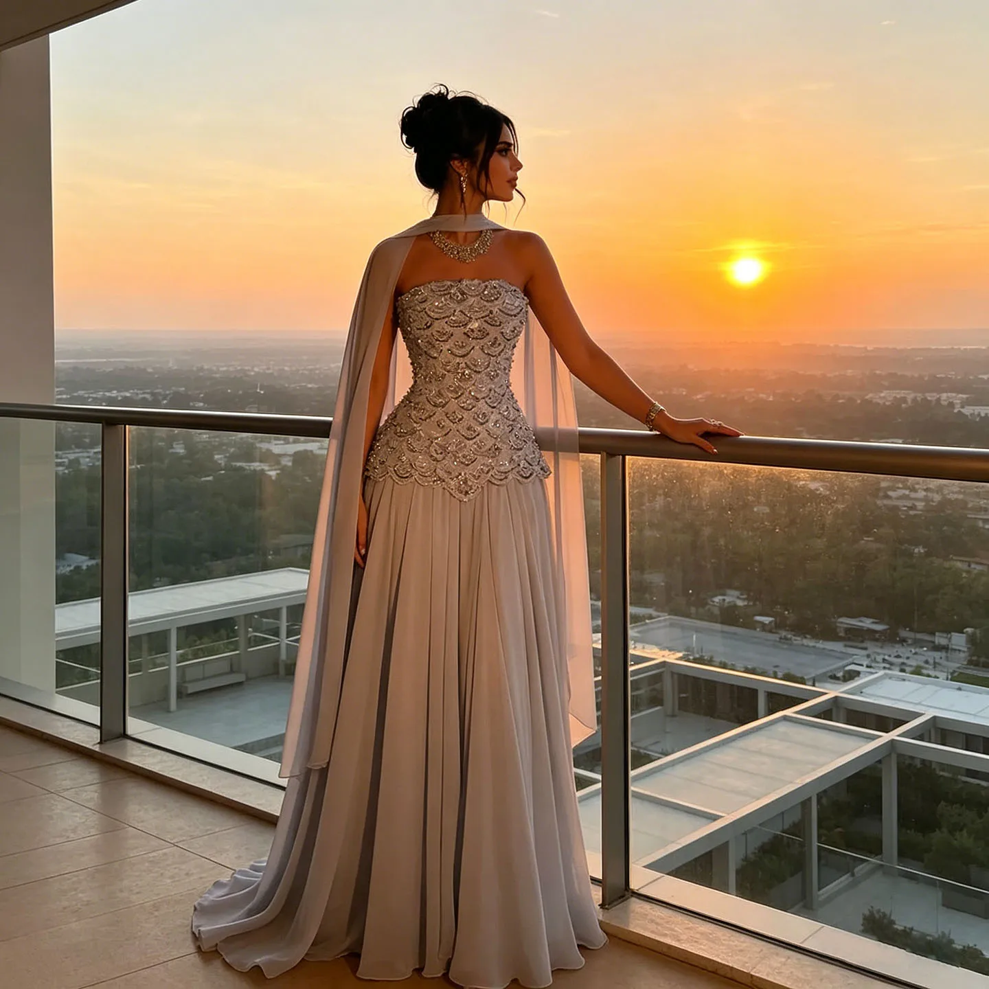 Eshault&bridal Elegantes Trägerloses Perlenbesetztes Abendkleid mit Cape Dubai Arabisches Formelles Partykleid für Hochzeitsgäste Maßanfertigung 2026