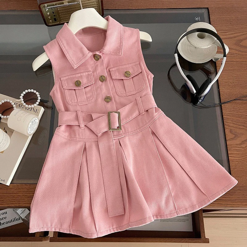 2025 Summer New Girls Denim Dress Belt Decoration Lapel Collar Sleeveless Tutu Princess Dress For 2 -10 Years Kids Fashion Dress