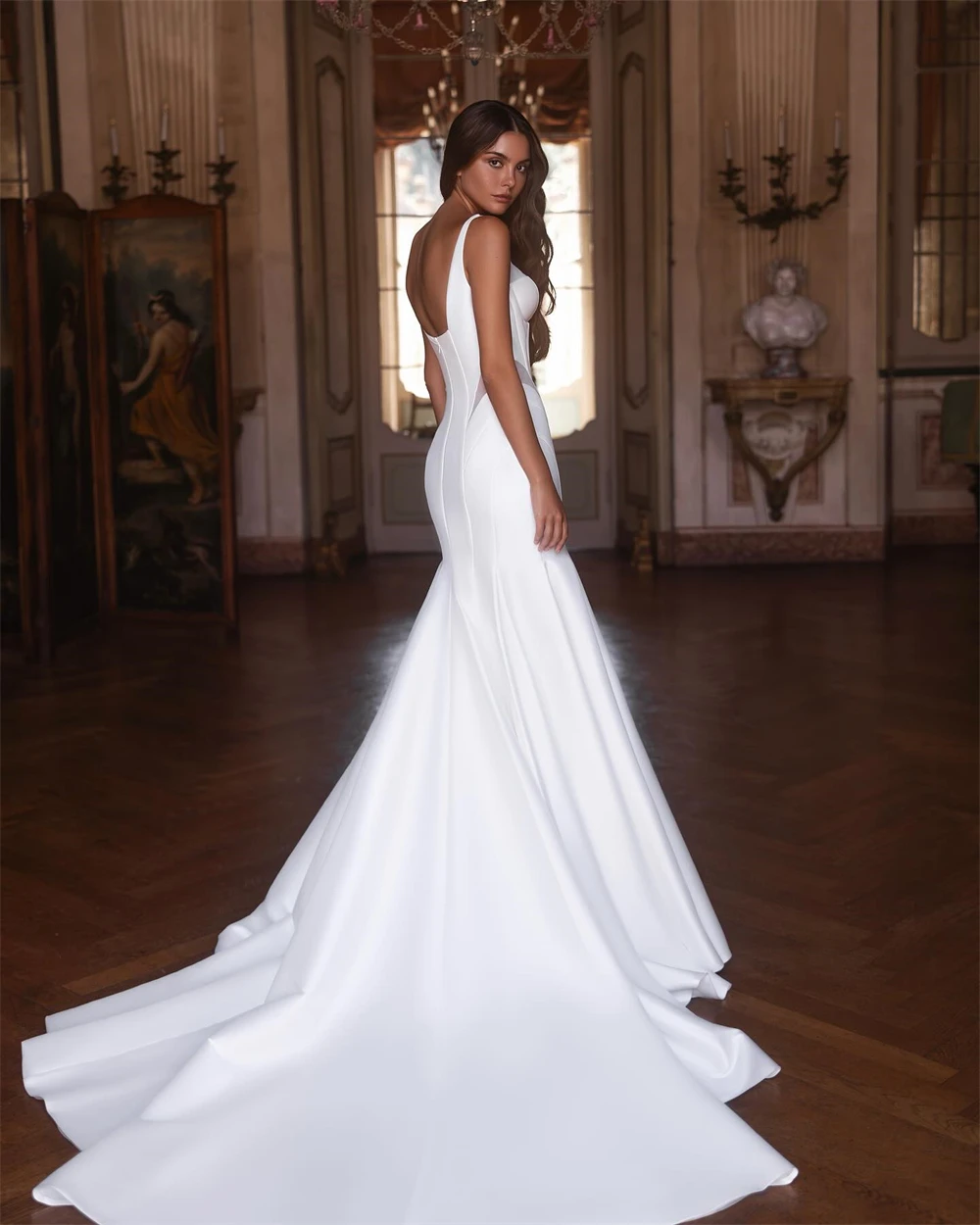

Customized Mermaid White Satin Wedding Dresses Modern Strapless Wedding Dress Exquisite Court Train Special Occasion Gowns