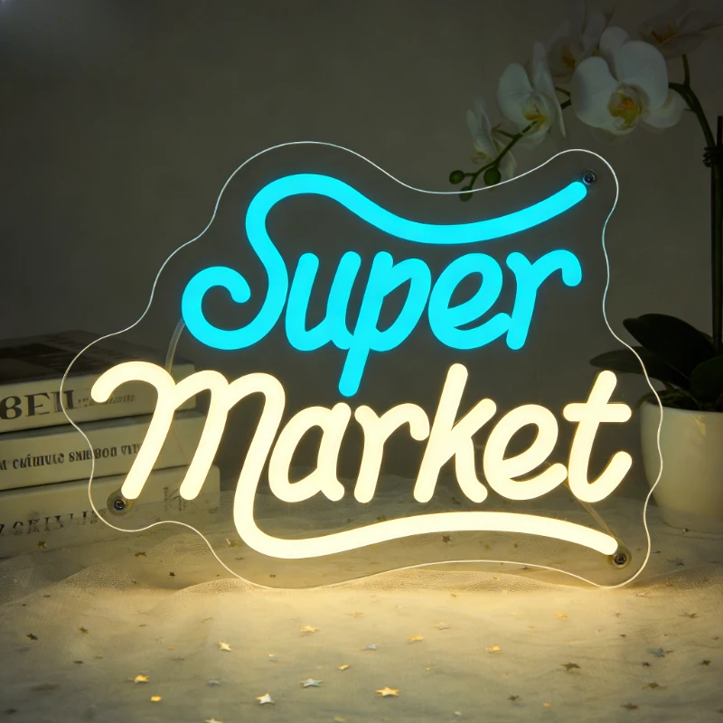 

Светодиодная неоновая вывеска Super Market (сине-желтая) для домашнего декора, бара, кафе, спальни, магазина, освещения, создания романтической атмосферы, настенное искусство, подарок