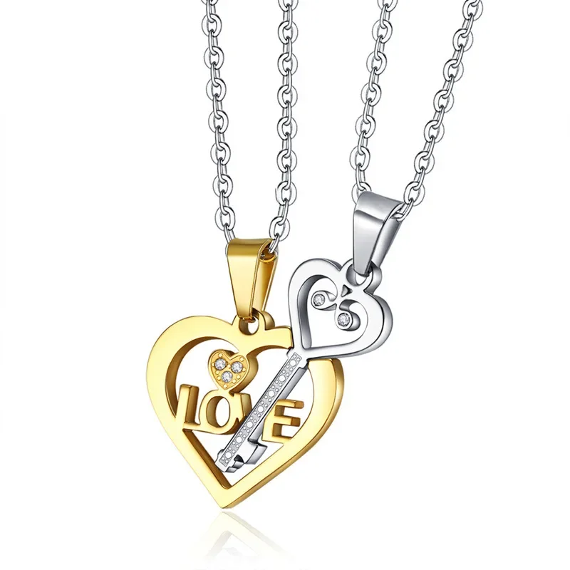 

CHUANGCHENG Stylish And Minimalist Heart Key Puzzle Couple Pendant A Pair Of Stainless Steel Necklaces Chains