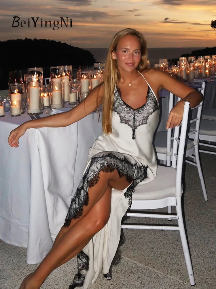 Beiyingni 2025 جديد في المرأة مثير حفلة الساتان السباغيتي حزام فستان طويل الدانتيل تقسم النادي الليلي ماكسي فساتين الإناث الجلباب الأبيض