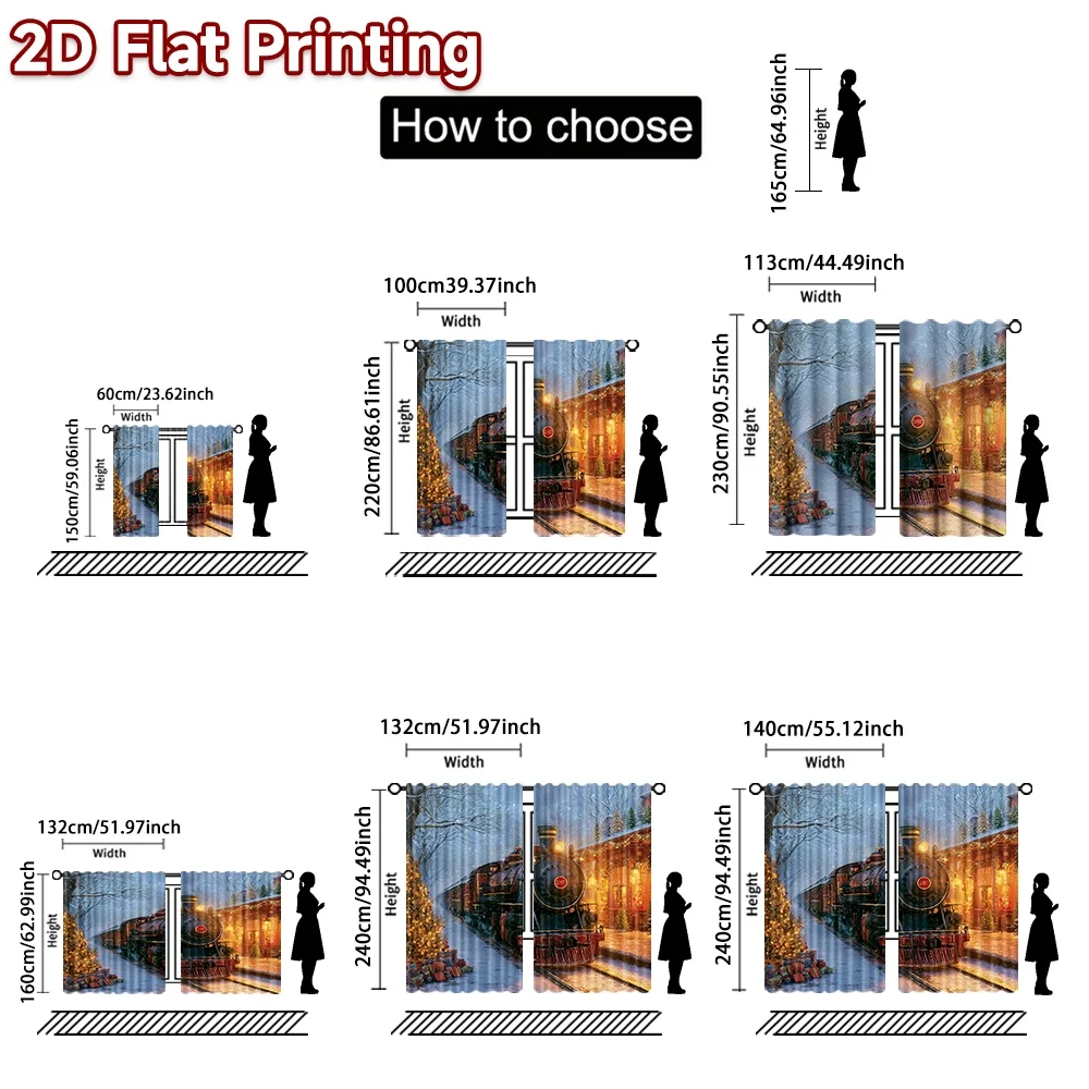 2D flat printing 2pcs Trend Christmas Curtains Christmas Train Station Scene Durable polyester fiber Family Party Decoration for