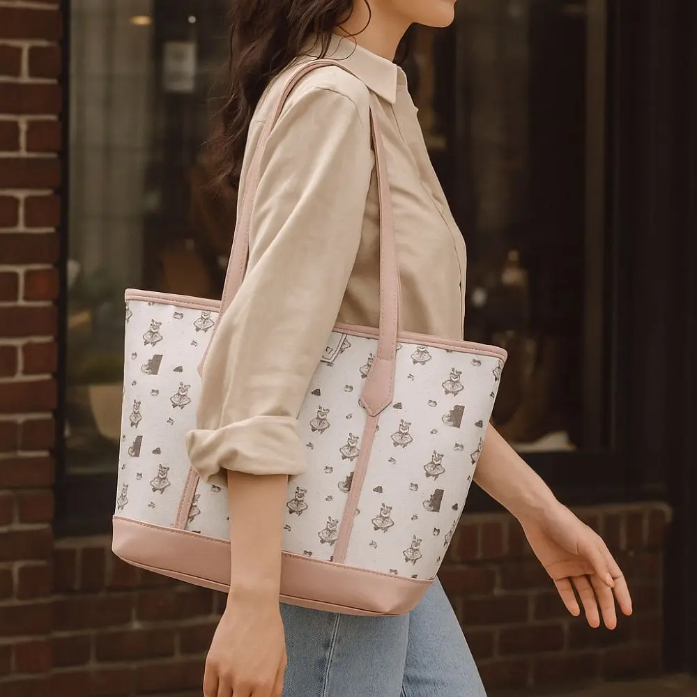 

Kawaii PU Aesthetic Print Handbag Bear Rabbit Print Large Capacity Tote Bag Cartoon Commuting Bag Casual Wear