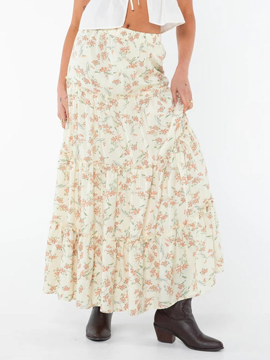 

Women's Long Skirts Floral Print/Solid Color Elastic Waist Skirts Spring Summer Big Swing Loose Casual Skirts