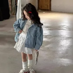 Children Blue Denim Lace Love Jacket White Layered Short Skirt 2024 Autumn New Children Spring and Autumn Clothes