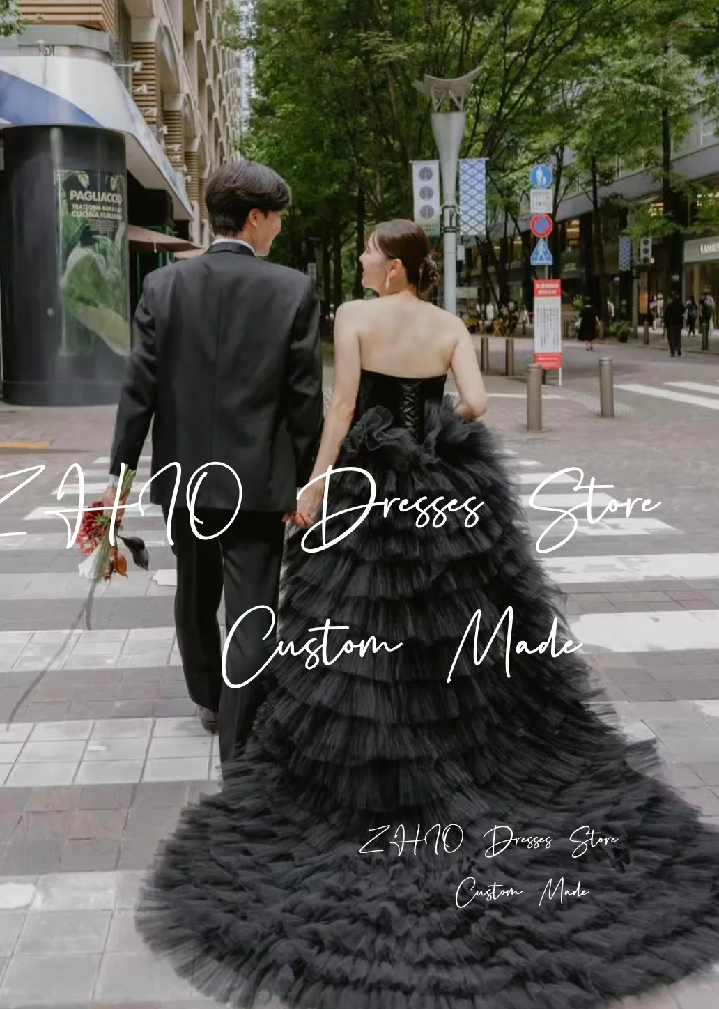 ZHIO Principessa Abito da sposa in tulle nero con scollo a cuore drappeggiato Sweep Train Abito da ballo Corea Servizio fotografico Abito da ricevimento nuziale personalizzato