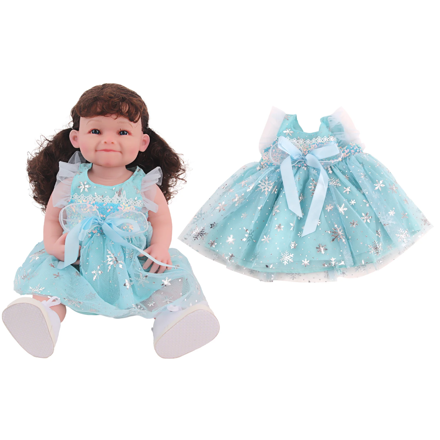 22 Inch Reborn Doll Blue Snow Flower Bowknot Dress Cute Mini Skirt For 55cm New Baby Girl Dolls Toy Girl's Gift