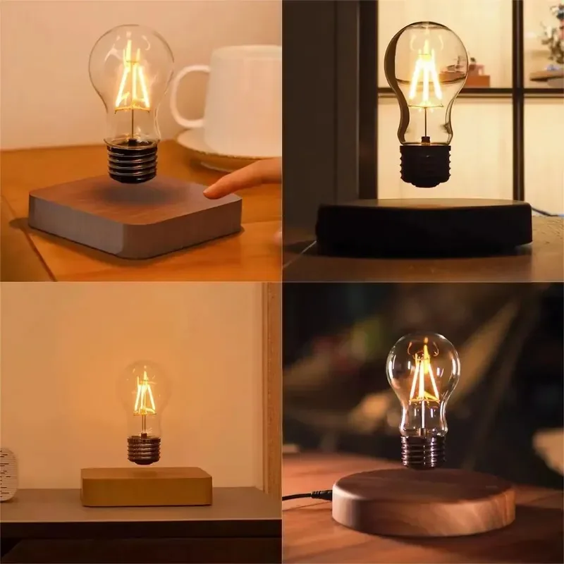 New Design Maglev Bulb Rotatable Decorative Atmosphere Night Light Wooden Base Bedroom Bedside Table