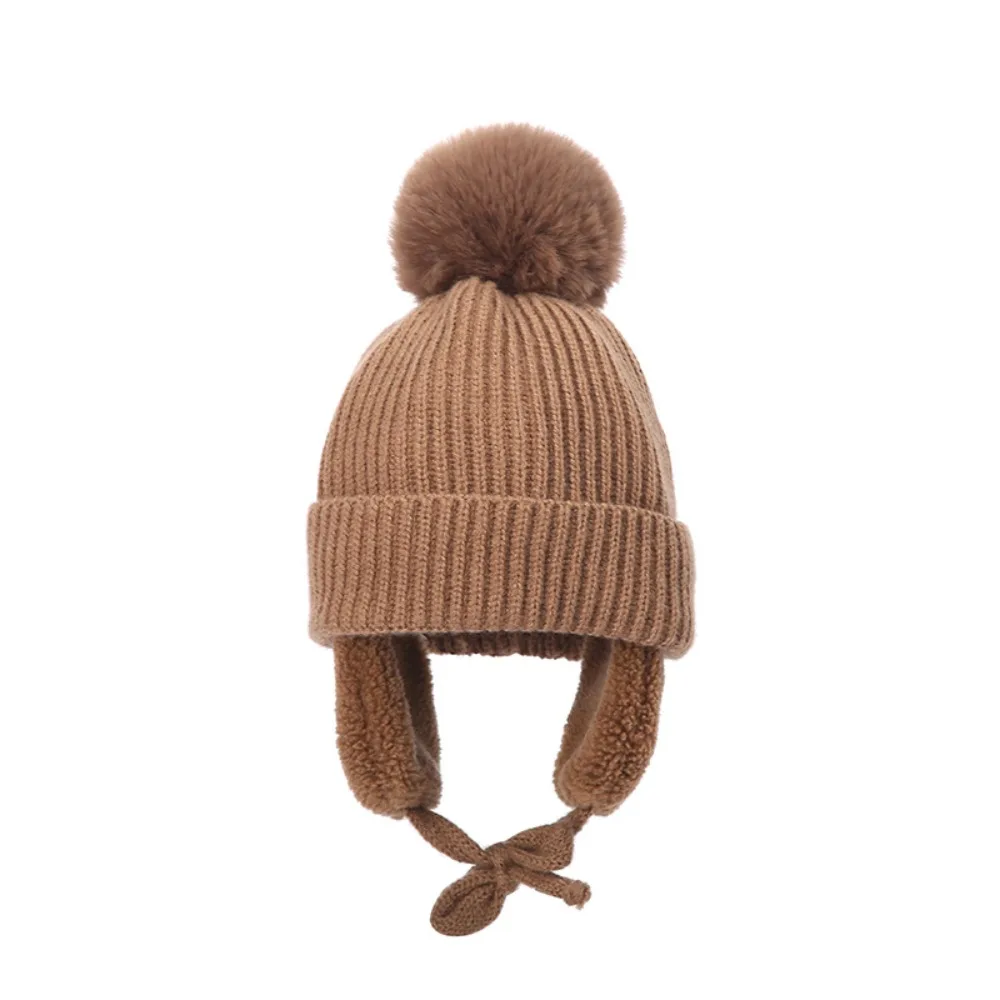 

Thick Plush Children Knitted Hat Ear Protection Cartoon Pompom Beanie with Earflap Warm Cute Wool Cap Cloth Accessories