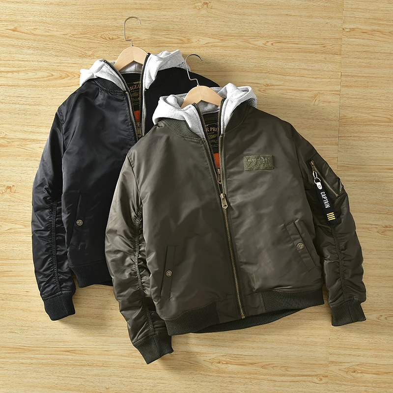 

American Style Heavyweight MA1 Flight Jacket Loose Fit Detachable Hood Cotton Outerwear for Men Autumn Winter Casual Wear
