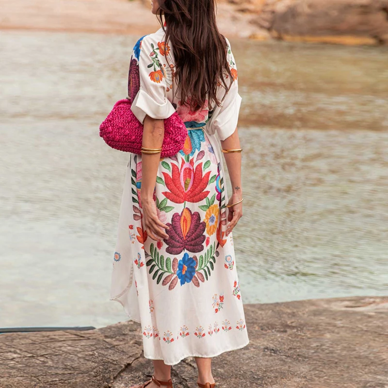 Casual korte mouw split bohemien jurk vintage patroon print losse shirtjurk dames elegante revers enkele rij knopen lange jurk