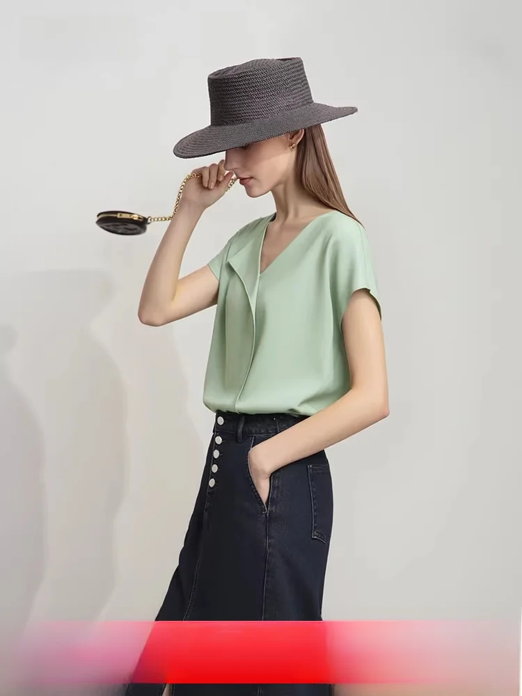 

Женская шифоновая блузка Ele с асимметричным V-образным вырезом и коротким рукавом для офиса, летняя новинка, прямой крой, полиэстер