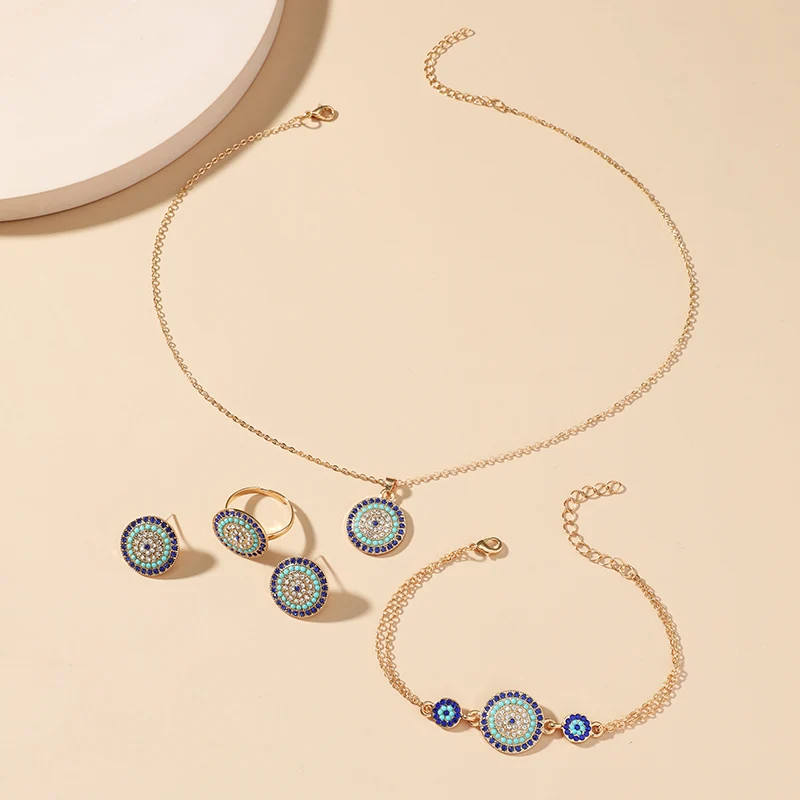 5PCS Devil's Eye Four Piece Set Cross border Source Jewelry Devil's Eye Necklace Earrings Four Piece Set Round Türkiye Blue Eye