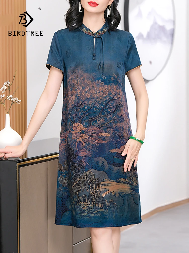 BirdTree, Real Silk Watered Gauze Retro Dresses, Women Short Sleeve Print, Mom Elegant Chinese Cheongsam, 2024 Summer D44939QC