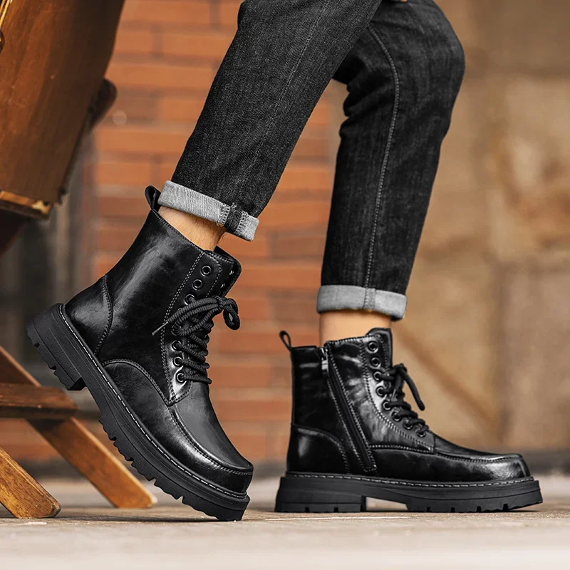 Botas masculinas pretas outono e inverno clássico design minimalista estilo lazer negócios escritório ao ar livre sapatos de caminhada da motocicleta -45