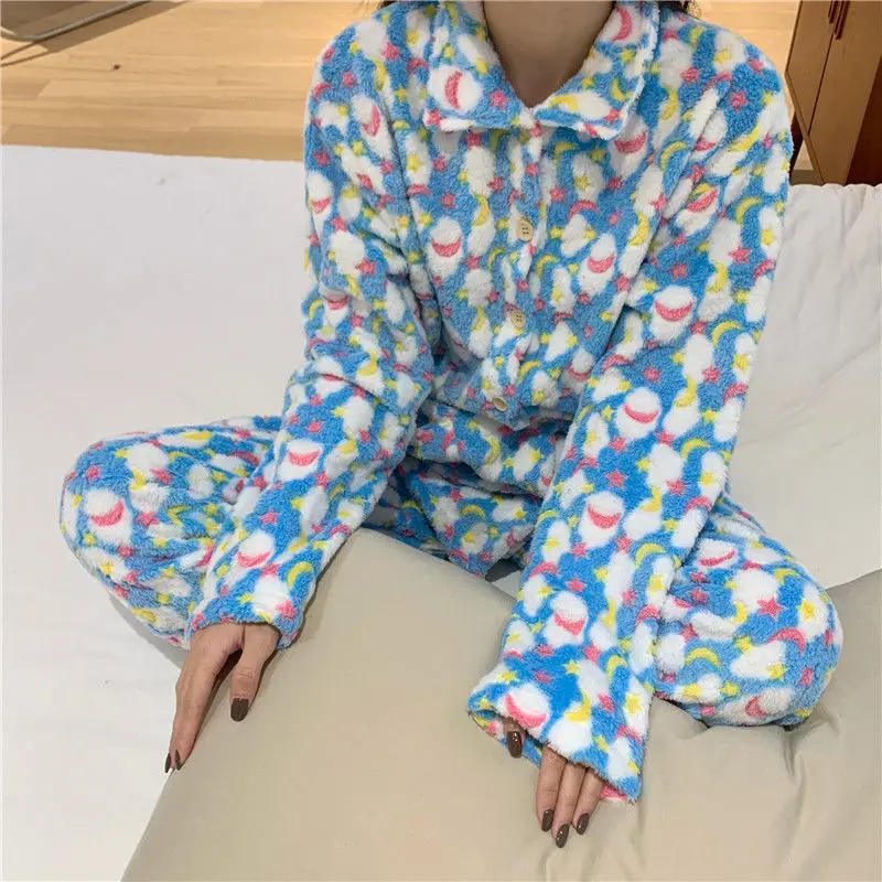 Blue Pajama Sets Women Kawaii Thicken Simple Ins Winter Soft Fashion All-match Long Sleeve Casual Vintage Sweet Student Harajuku