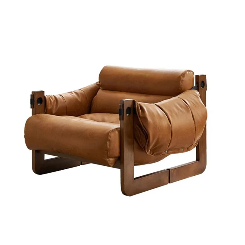 

Chair Nordic retro leather solid wood leisure chair balcony single sofa recliner designer