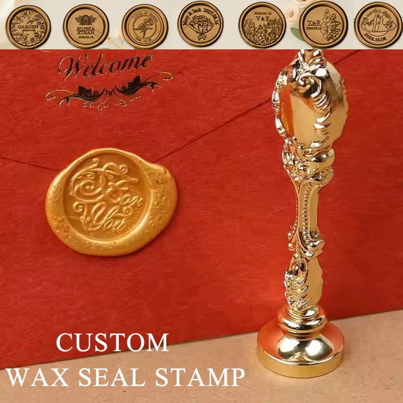 

3cm Initials Name Date Letters Personalized Wax Seal Stamps Golden Peacock Handle Custom Logo for Wedding Invitation Envelope
