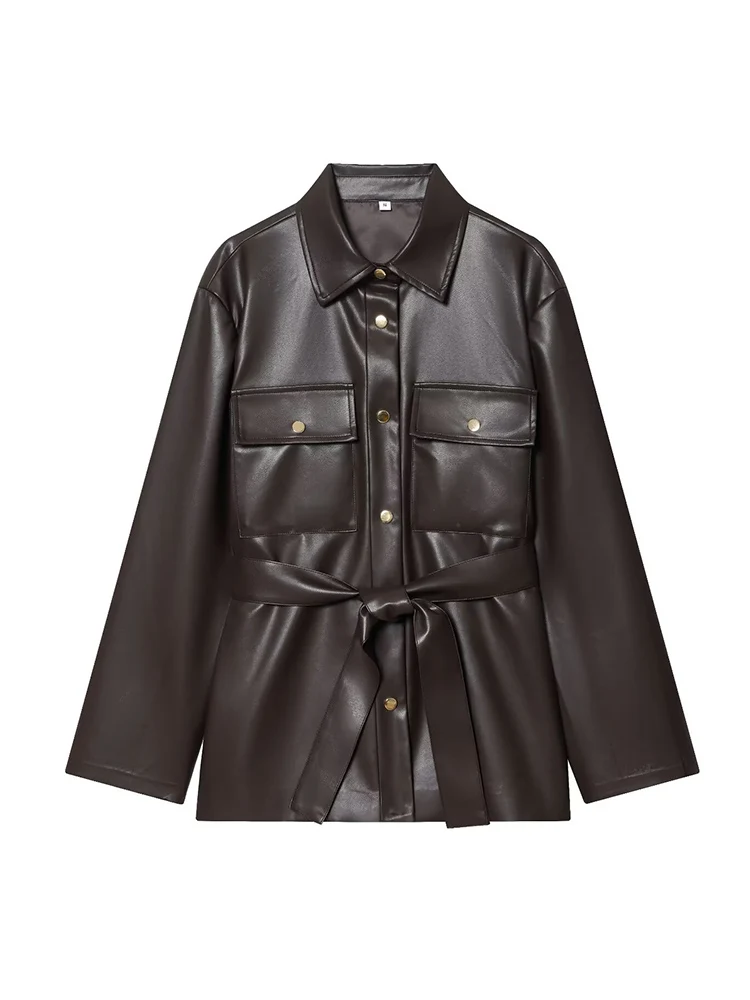 TFMLN المرأة حزام فو سترات من الجلد كم طويل التلبيب بولي Leather سترة جلدية الخريف موضة الصلبة معاطف الموضة الإناث الشارع الشهير #3