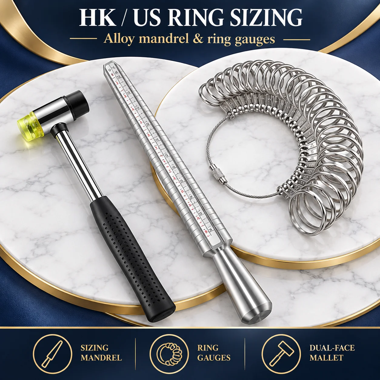 HK US Size Alloy Ring Sizer Set with Metal Ring Mandrel and US Ring Gauge - Durable Accurate Jewelry Finger Measuring Tool Kit