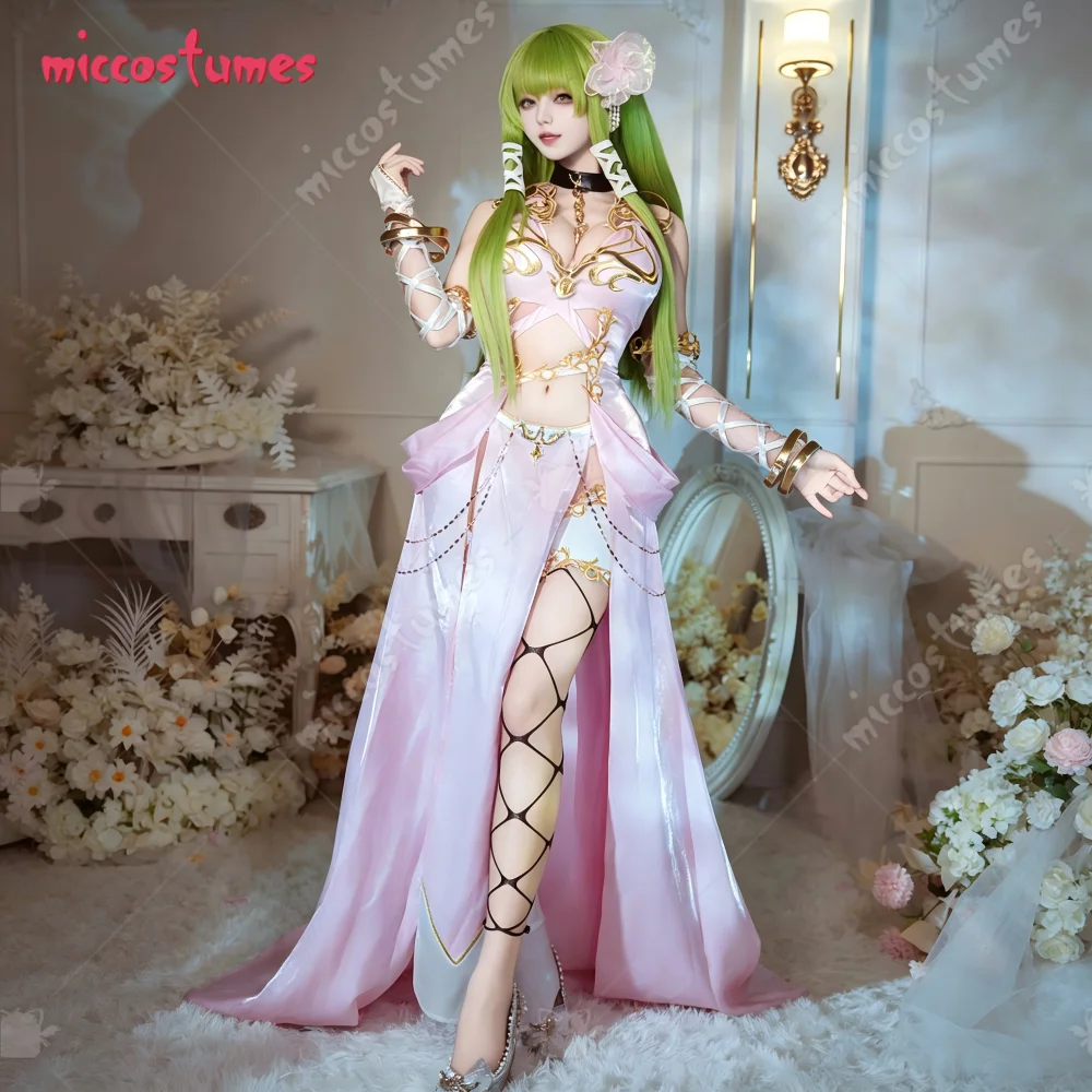 【Versandbereit】Cosplay.fm Damen-Halloween-C.C. Cosplay-Kostüm, rosa Kleid-Set mit Kopfblume und Socken