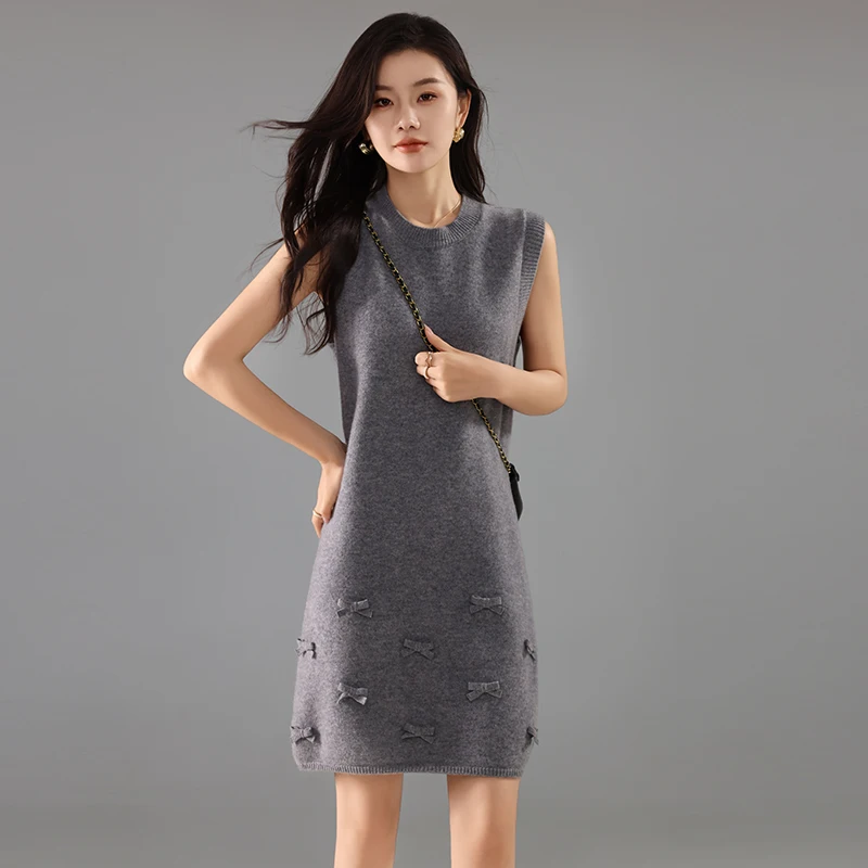 Women's Two-piece 100% Merino Wool Crewneck Cardigan + Sleeveless Sundress Spring/Winter Bow Dress With Pocket Sweater Cardigan