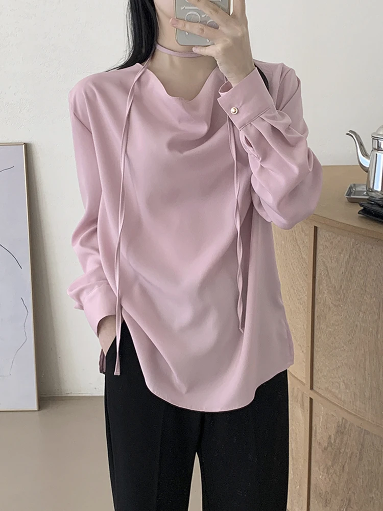 

Chic Loose Casual Long Sve Women's irt Pure Color Base Layer Ne Hanging Sa Design Korean Sle Polyester Fiber