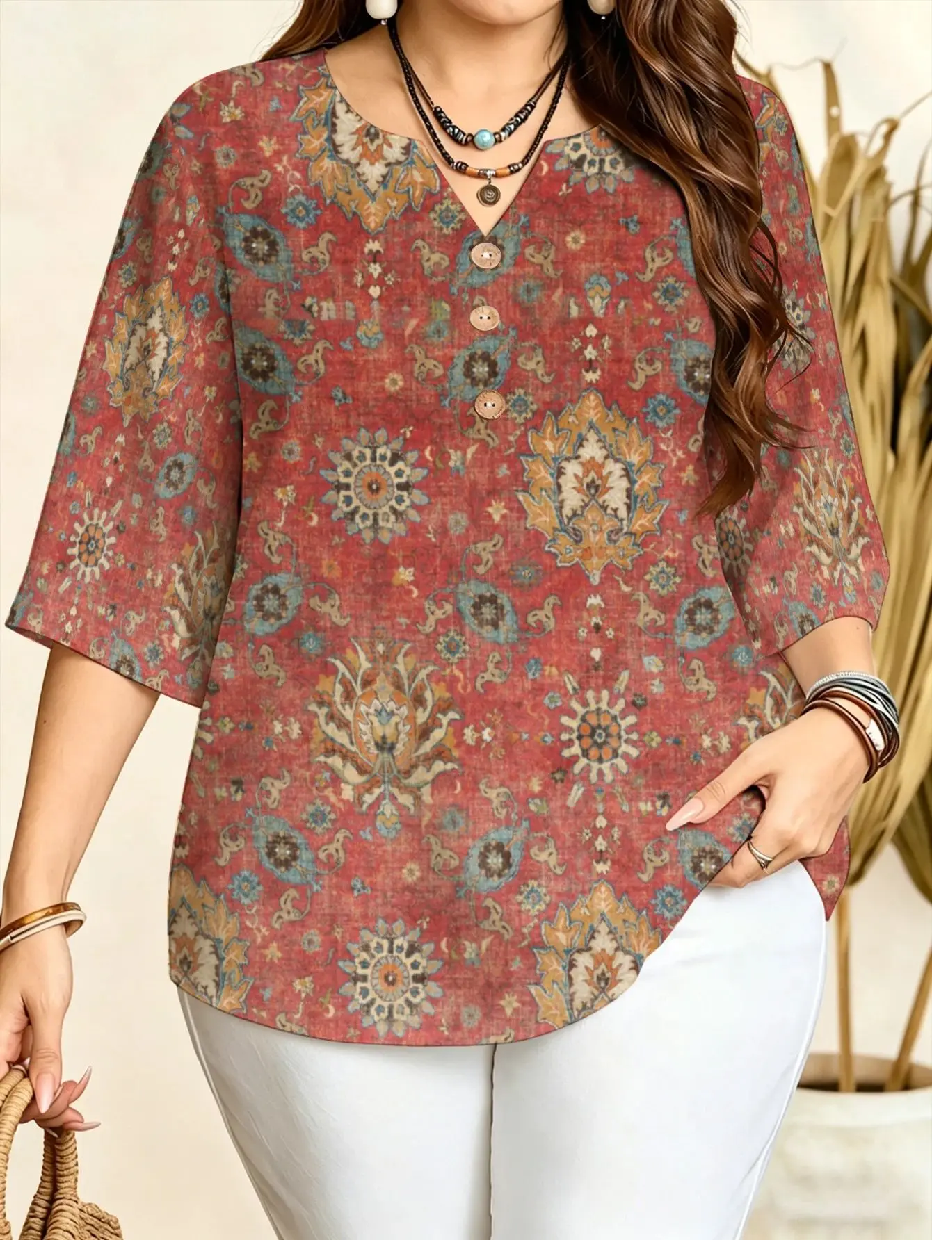 Plus Size Vintage Floral Print Blouse Notch V Neck 3 Decorative Buttons 3/4 Sleeve Boho Ethnic Loose Casual Women Daily Shirt