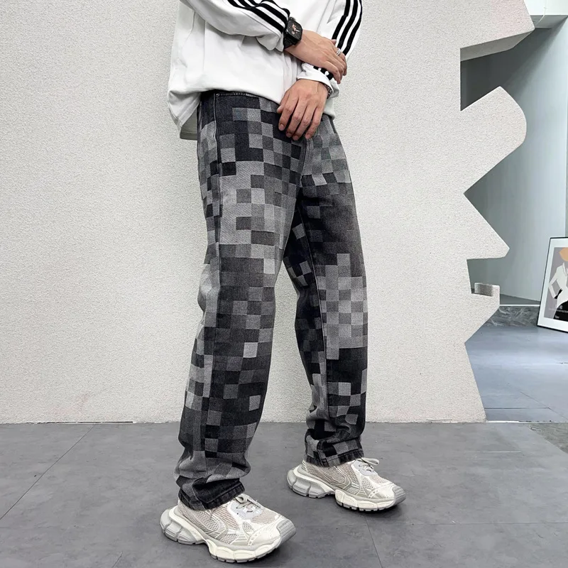 Light luxury mosaic fashionable printed design jeans men's fashionable retro loose straight mop wide leg leisure denim trousers