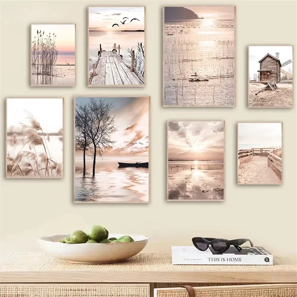 Sunset Canvas Poster Hut Bridge Art Prints Lake Canoe Wall Painting Reed Posters Beach Print Nordic Wall Pictures Bedroom Decor