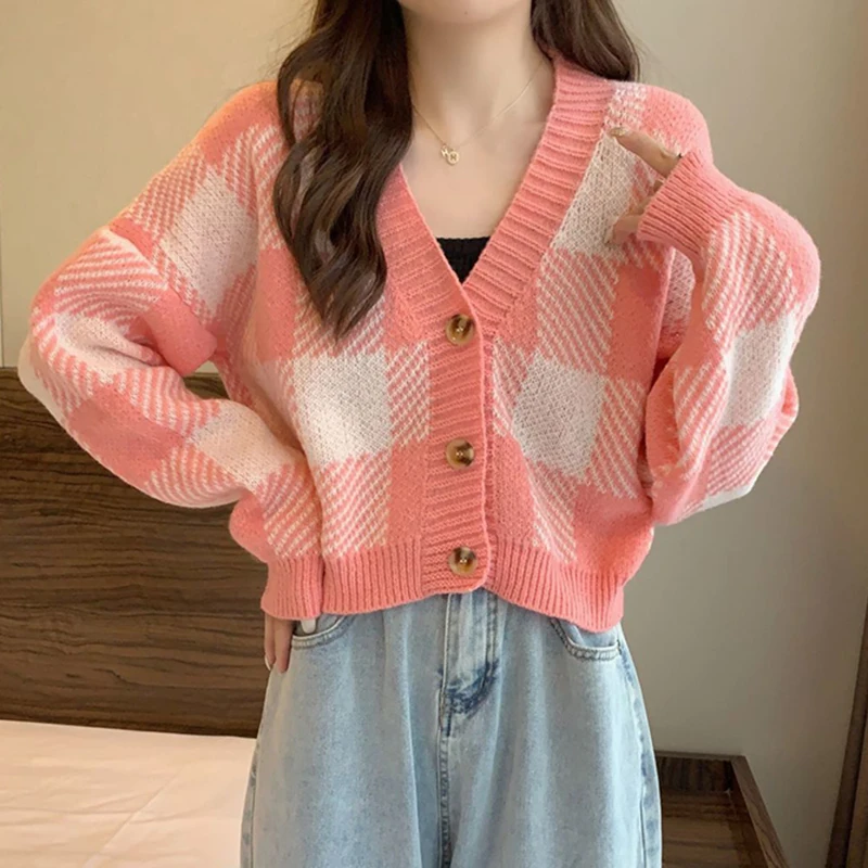 Pink Plaid Sweaters Cardigans Women 2023 Autumn Loose V Neck Knitted Coats Woman Chic Korean Style Long Sleeve Knitwear Cardigan