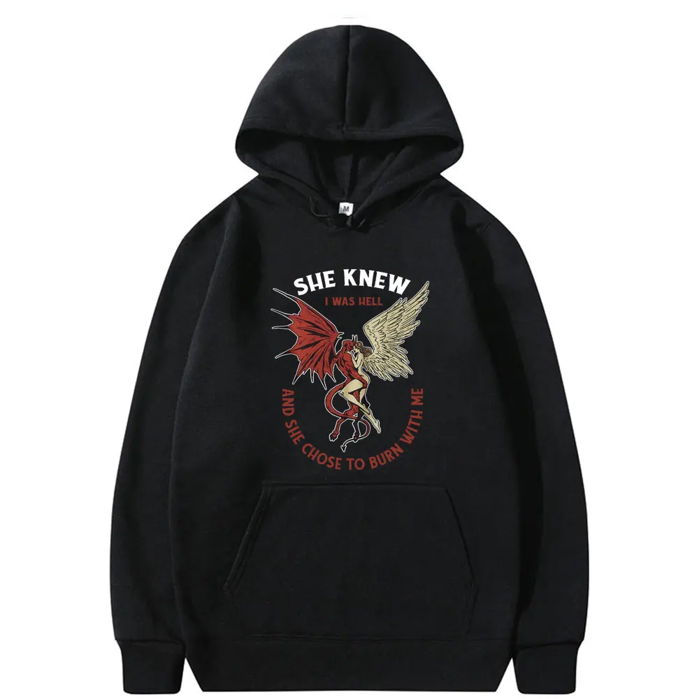 She Knew I Was Hell and She Chose To Burn with Me Angel and Demon Vintage Print Hoodie Men Women Fashion Oversized Sweatshirt