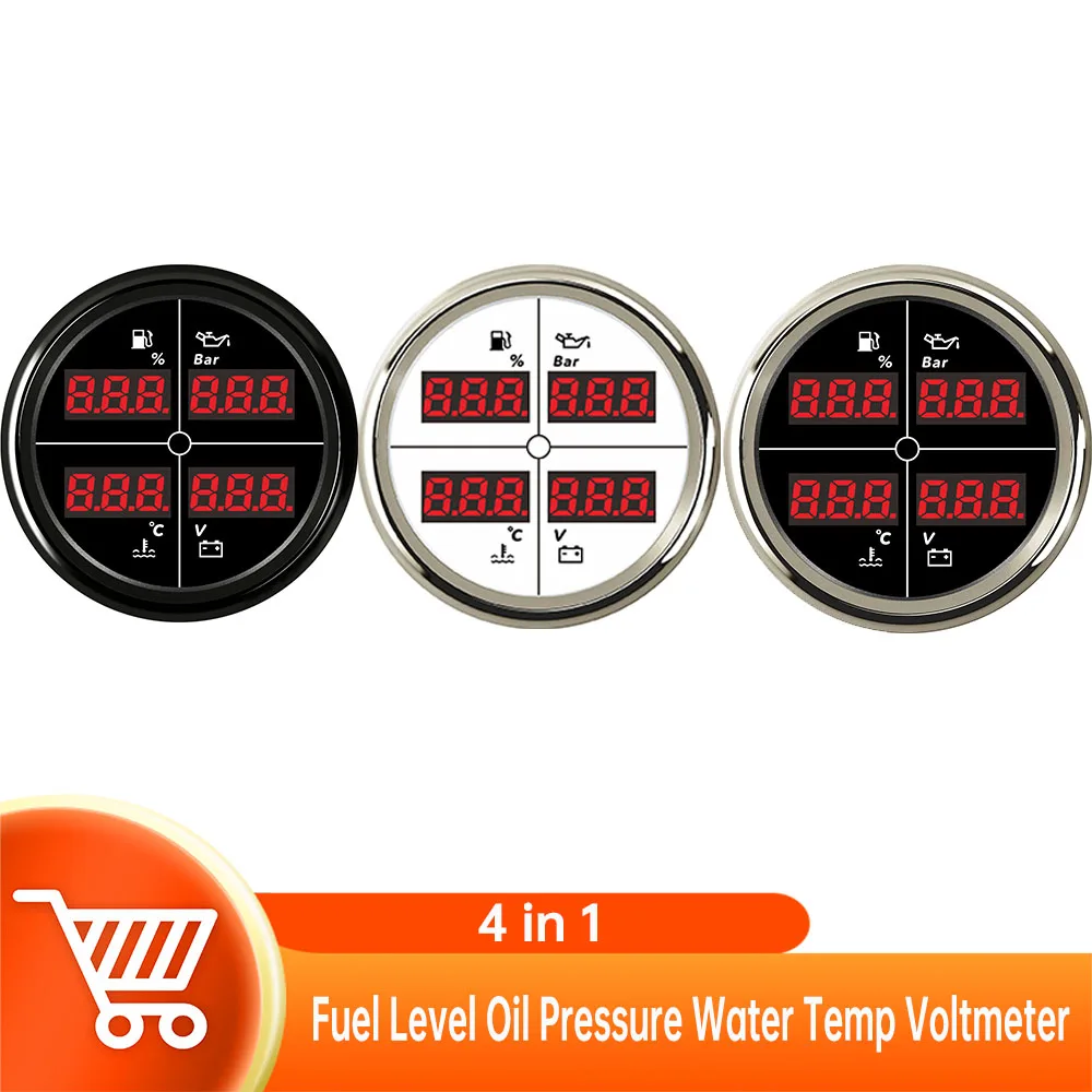 

4 in 1 Multifunction Gauge Fuel Level Oil Pressure Water Temp Voltmeter 85mm Car Gauge with 8 Colors Backlights