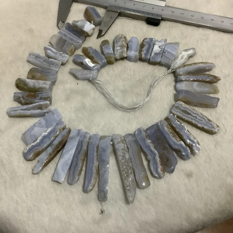 PANGEM Wholesale Genuine Blue Lace Agate Long Nugget Beads 15 Strand Chalcedony Loose Gemstone for Jewelry Making