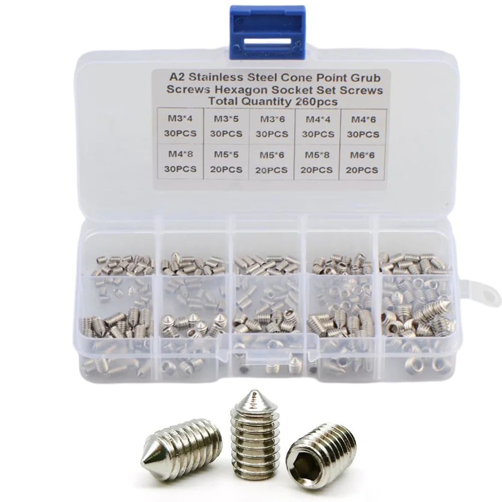 260pcs Hex Hexagon Socket Set 304 Stainless Steel Screw Cone Point Grub Screw Tapered End Headless Bolt M3*4 M3*5 M3*6 M4*8 M5*6