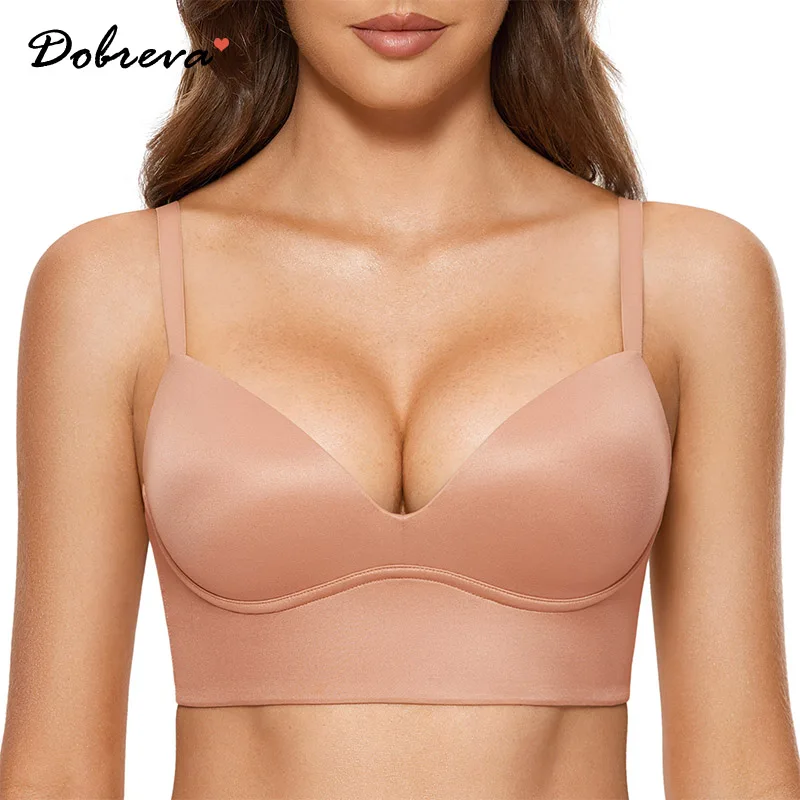 

DOBREVA Women's Plus Size Push Up Bra Wireless Padded T Shirt Bras No Underwire Plunge Bralette