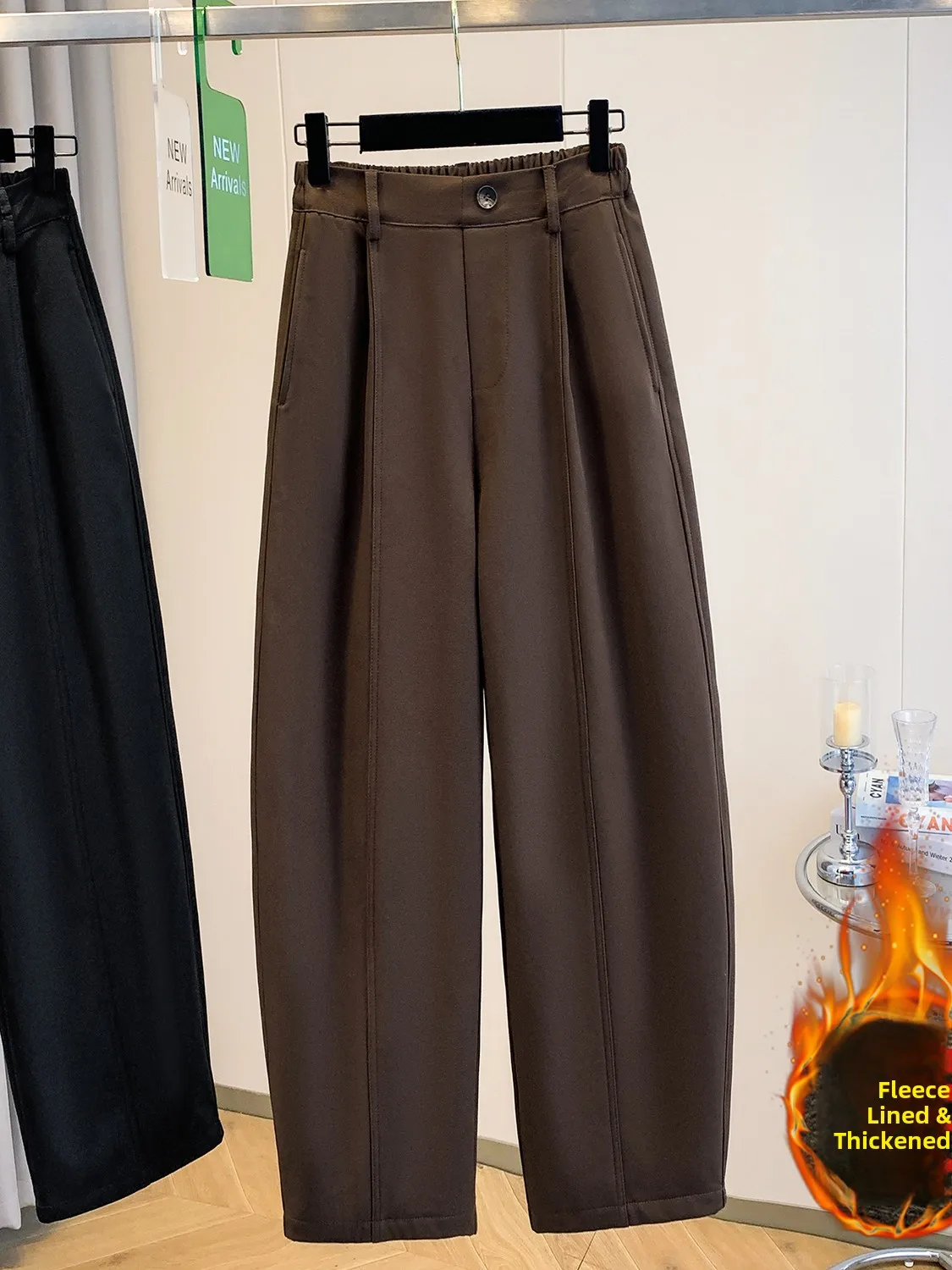 

Slimming Effect Winter New plus Size Women's High Waist Straight Leg Pants with kets Thiened Fce Wide Leg Trousers