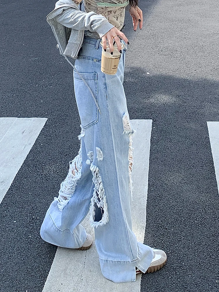 Vintage Holes Hollow Out High Waist Jeans Women Summer New Loose Casual Y2K Straight Denim Pants Female Wide Leg Trousers Girls
