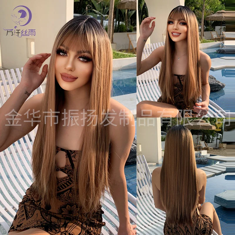 Wholesale foreign trade with bangs, long straight hair, black to brown gradient, synthetic fiber wig