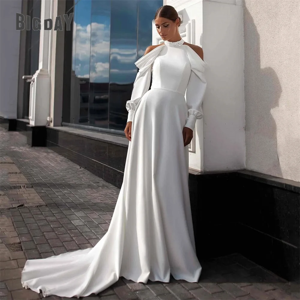 

BIGDAY Off The Shoulder A-Line Wedding Dress 2025 Halter Beading Long Sleeve Lace-up Bridal Gown Vestidos De Noiva Customized