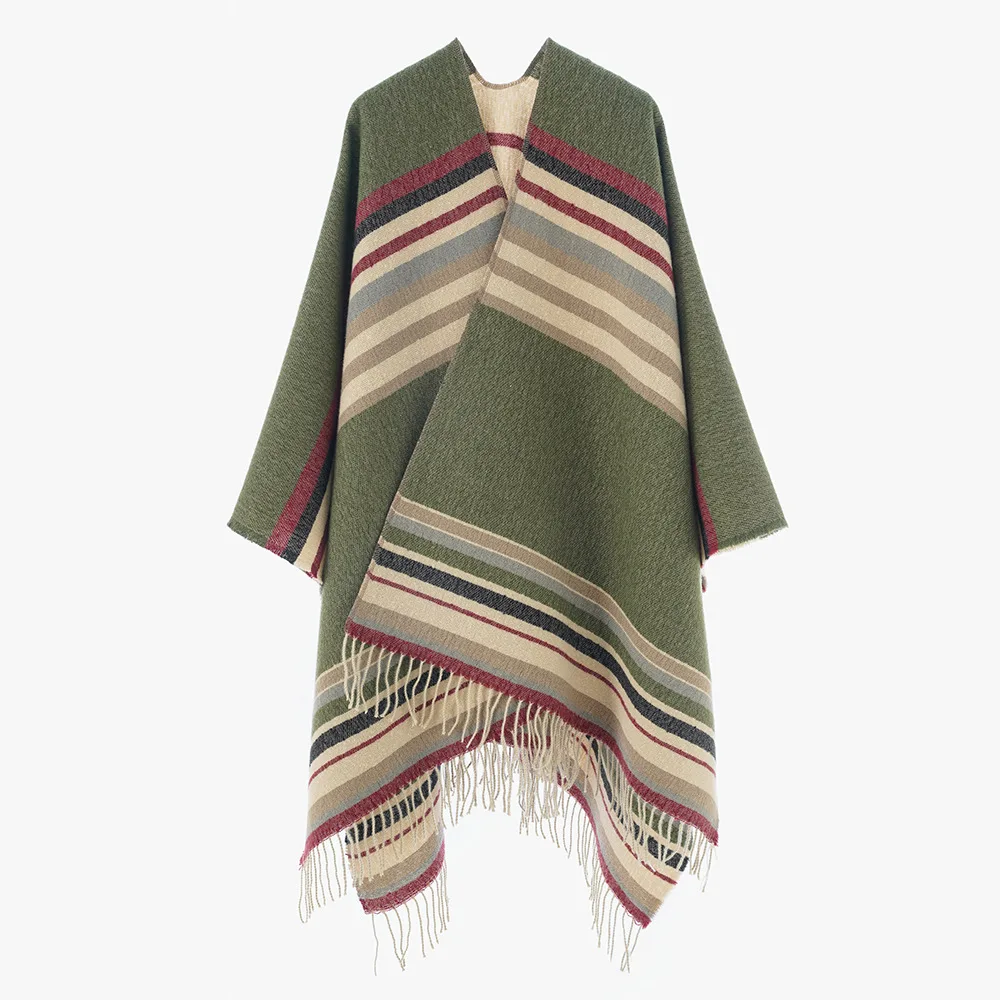 

2026 New Color Block Stripes Soft Faux Cashmere Cape Long Poncho Spring Autumn Outerwear Thick Shawl Winter Warm Wraps Unisex