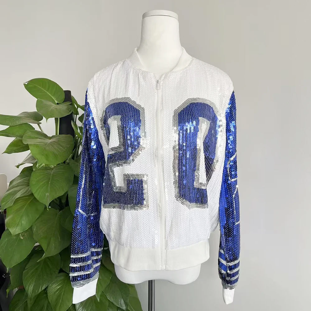 

Blue and white 20 zippered zeta jacket sequin clothing