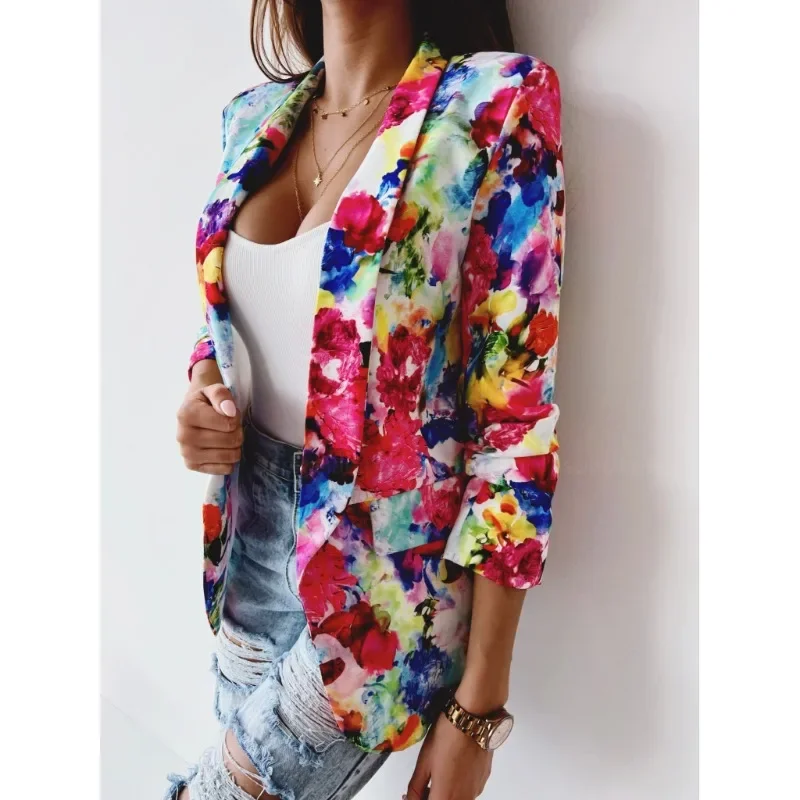 Women\'s Spring and Summer Printed Jacket Long Sleeved Suit Collar Pocket Top Casual Loose Commuting Top Fashionable Jacket