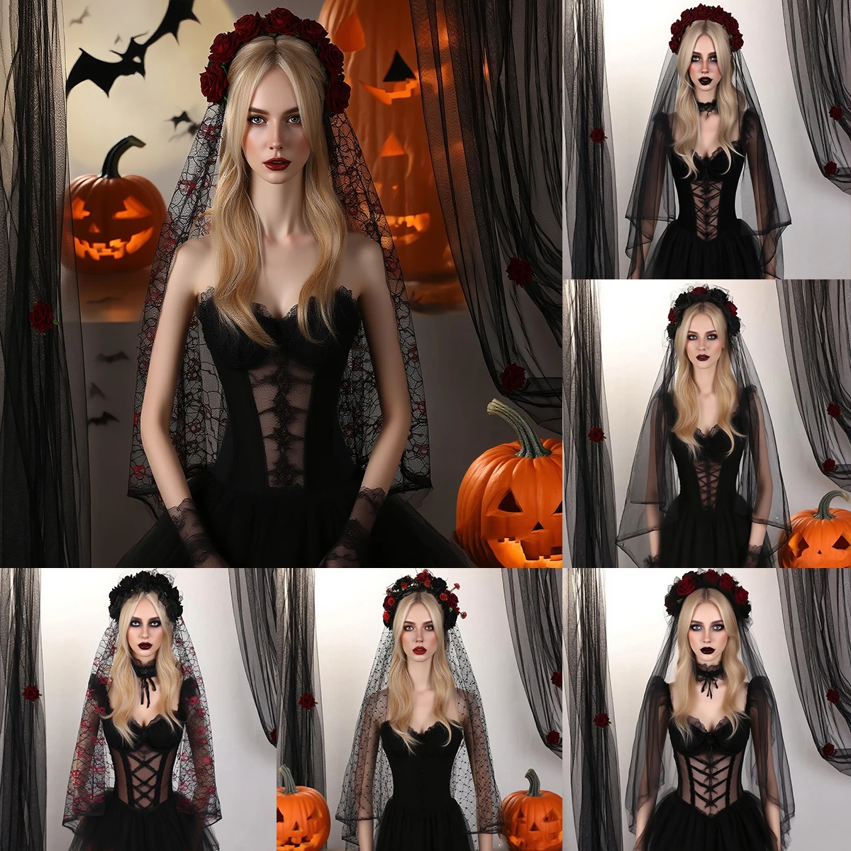 

Винтажная повязка для волос в стиле барокко с черными и красными розами и вуалью, череп, паутина, узор, фата, аксессуары для волос для вечеринки на Хэллоуин