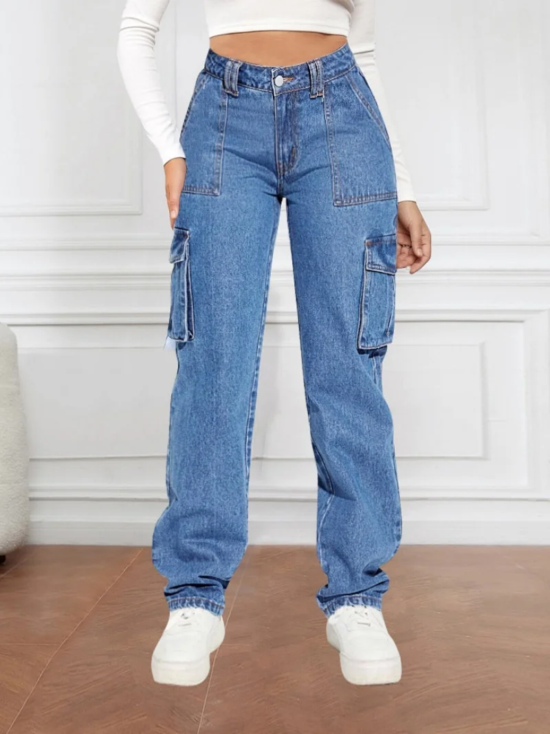 Streetwear Vintage Straight Jeans Spring Clothing Women Mid Waist Multi Pockets Cargo Jeans Trousers Female Casual Denim Pants