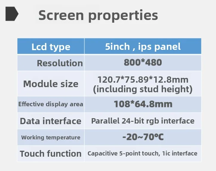 5-Inch TFT LCD screen RGB interface, microcontroller STM32 display module, capacitive touch screen