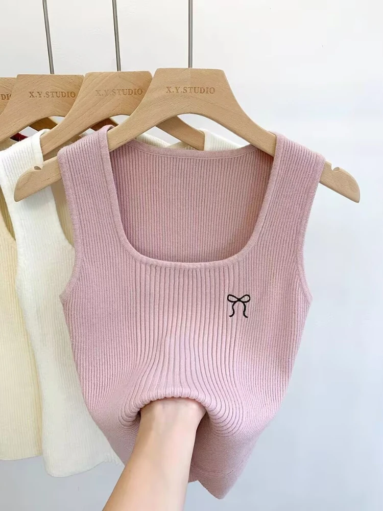 Summer Women's Casual Knitted Top Butterfly Knot Embroidered Tank Tops Square Neck Sleeveless Crop Tops Simple Base Layer Camis