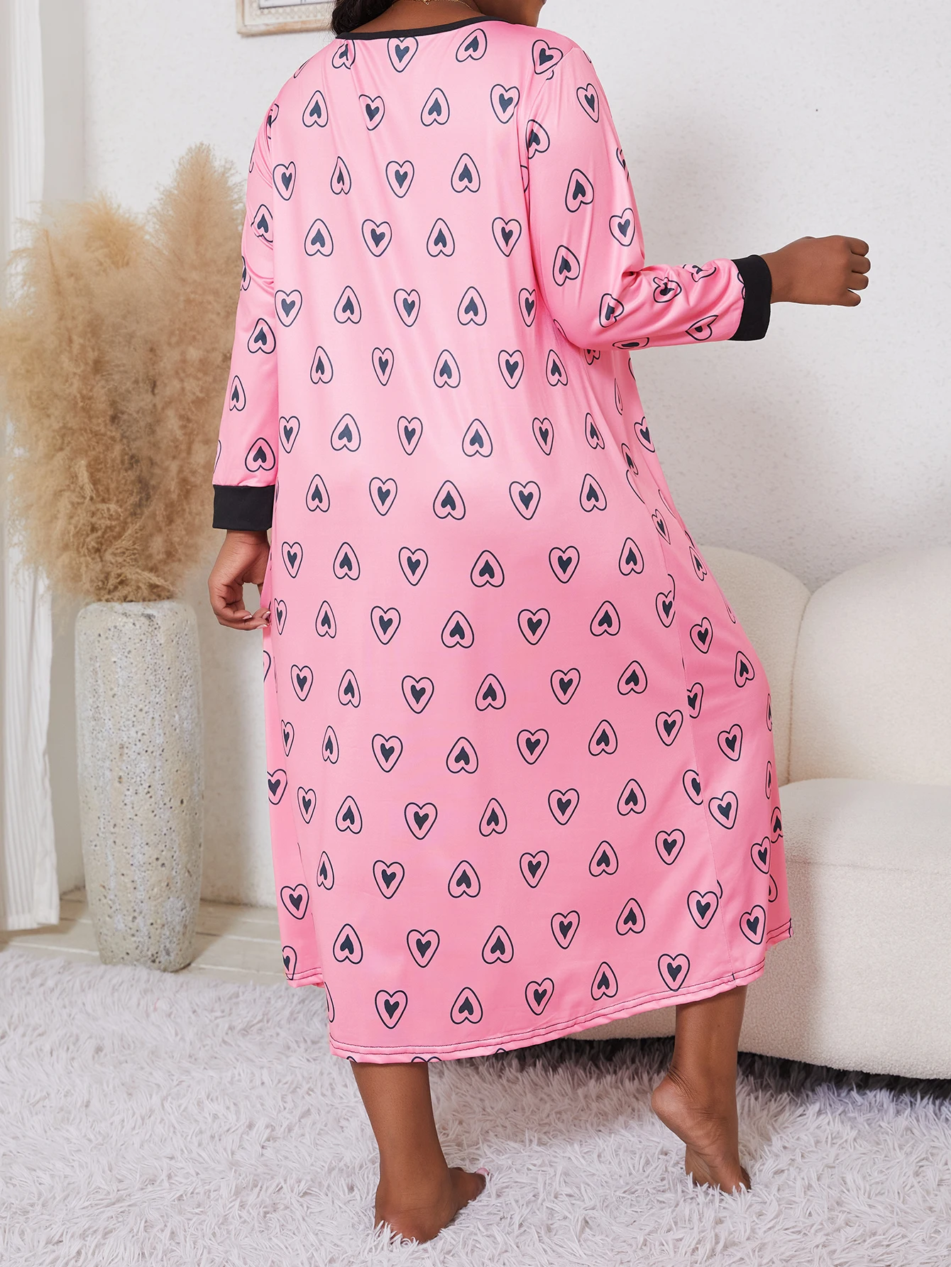 Large size ladies pajamas autumn long sleeve love print pajama skirt and knee skirt home dress